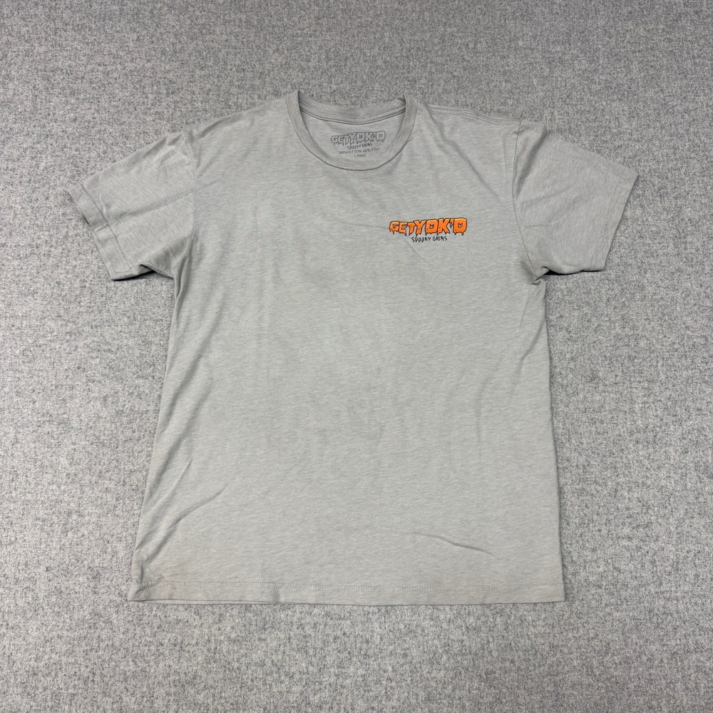GetYok'd Spooky Gains T-Shirt Large Gray Graphic Gym Fitness Masked Weightlifter